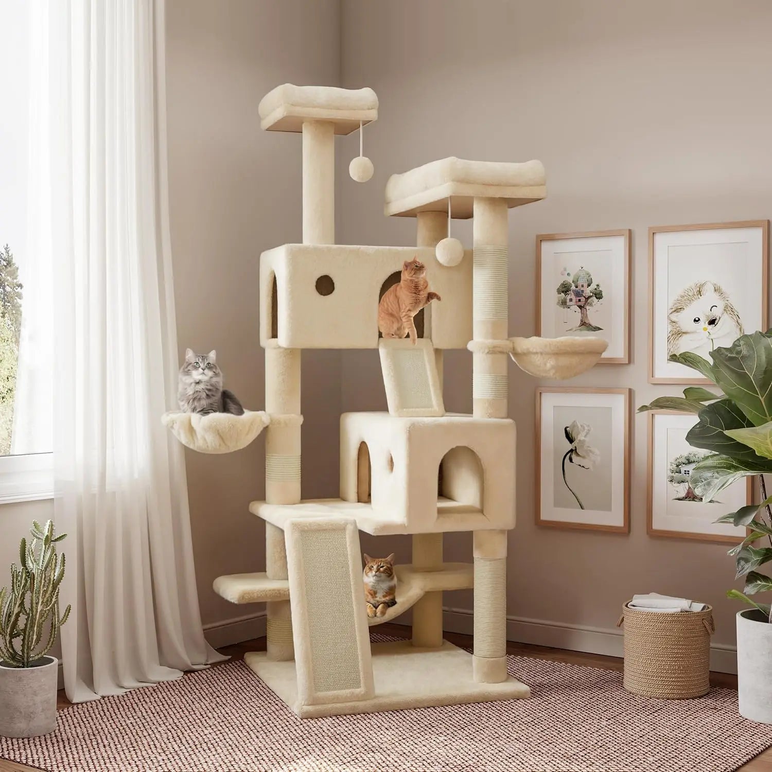 65-Inch Indoor Cat Tree Tower — Multi-Level Plush Perches