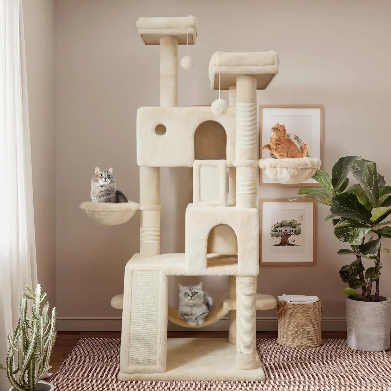 65-Inch Indoor Cat Tree Tower — Multi-Level Plush Perches