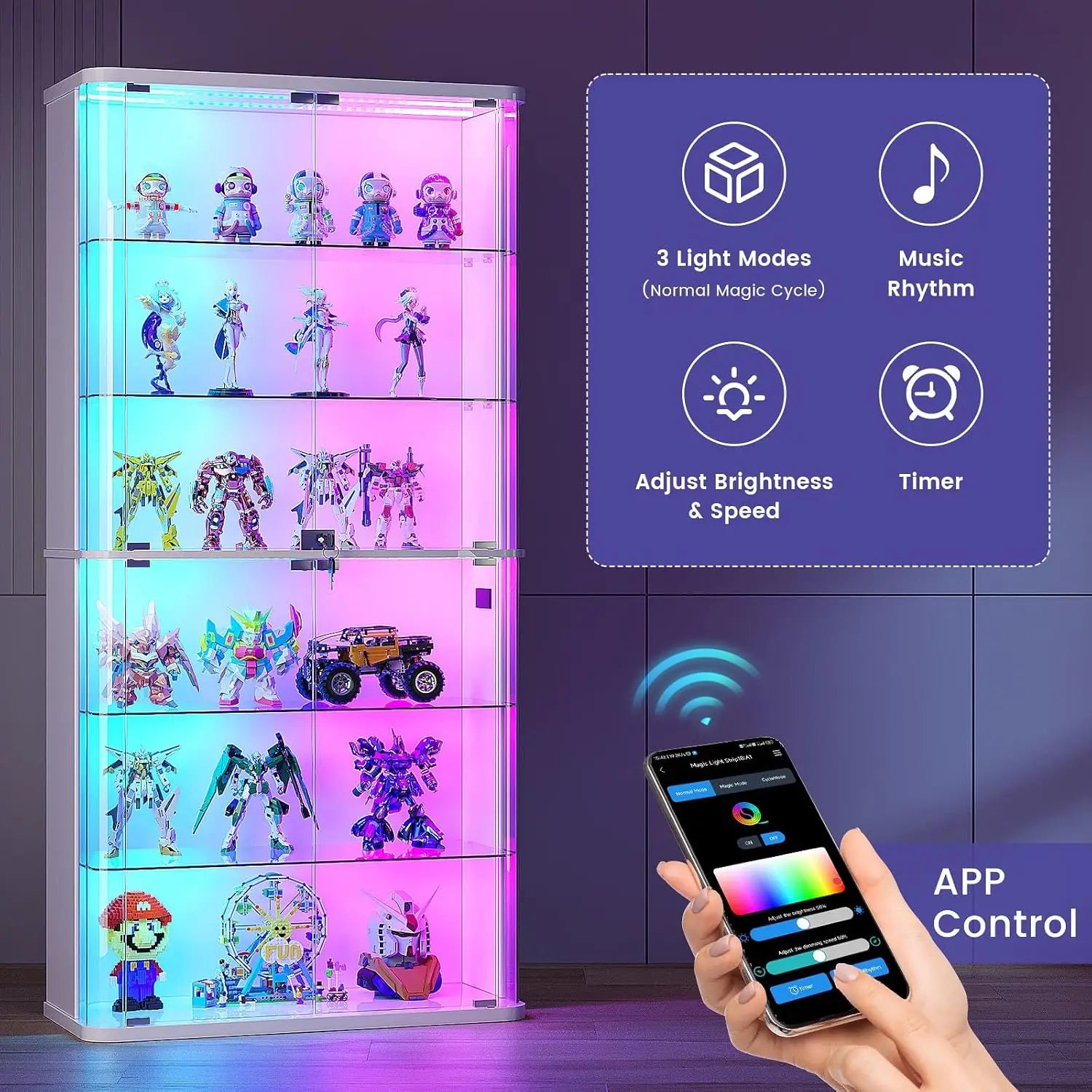 71-Inch Display Cabinet with Glass Doors &amp; RGB Lights