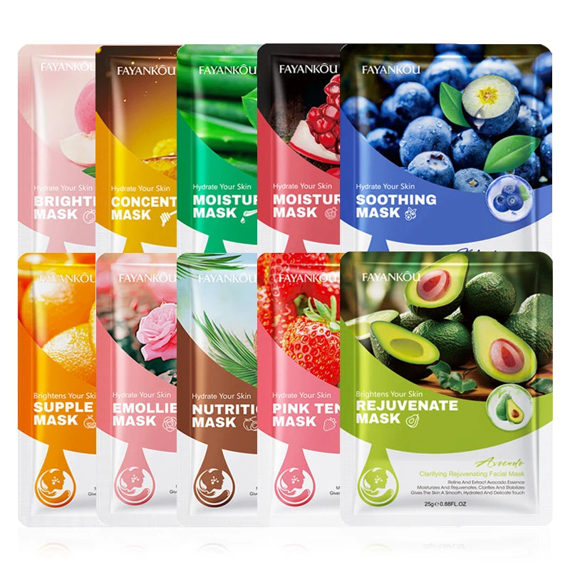 Fruit Facial Sheet Masks — 10pcs Moisturising &amp; Brightening