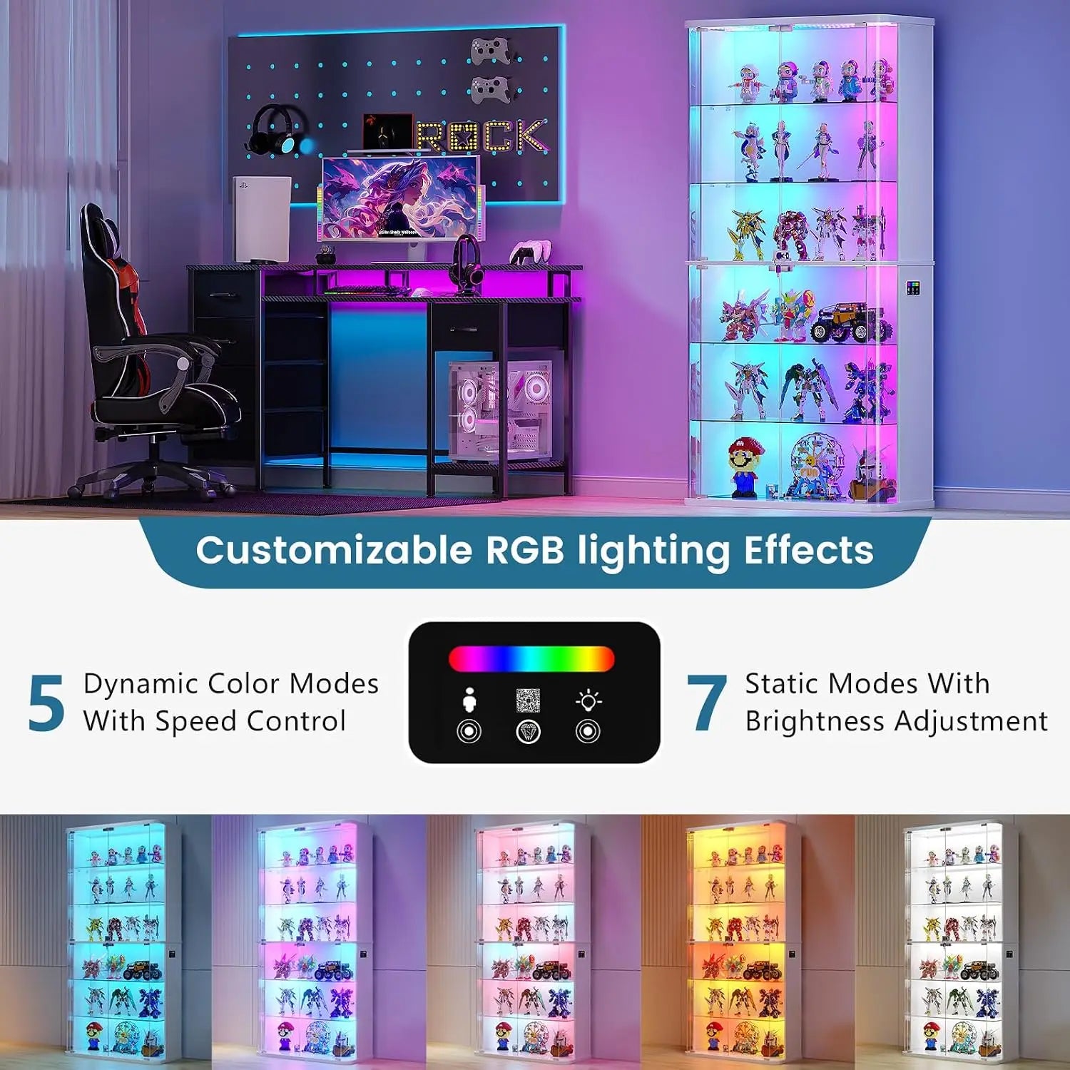 71-Inch Display Cabinet with Glass Doors &amp; RGB Lights
