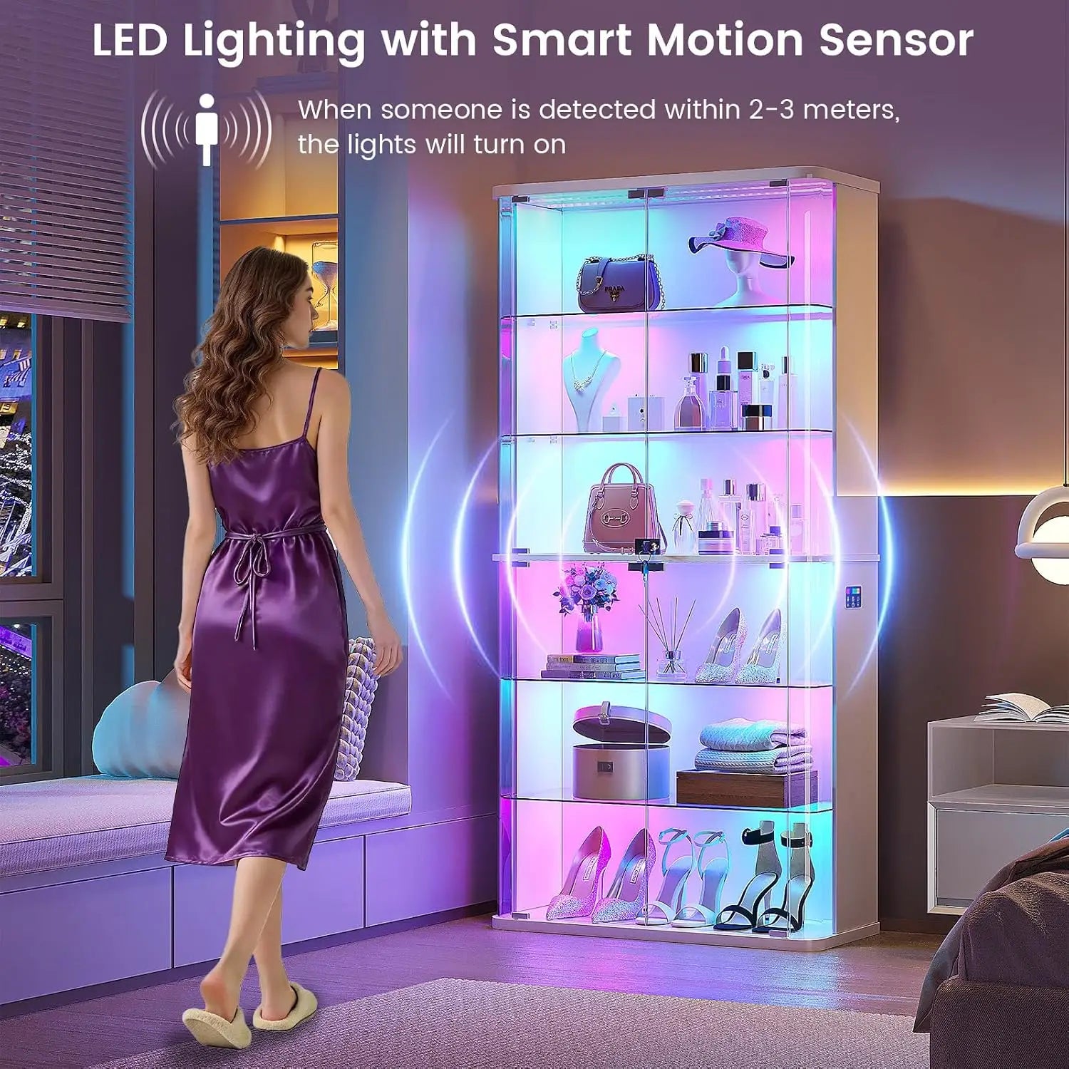 71-Inch Display Cabinet with Glass Doors &amp; RGB Lights